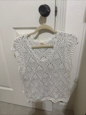 Eileen Fisher Cream Openwork Crochet Cap-Sleeve Top